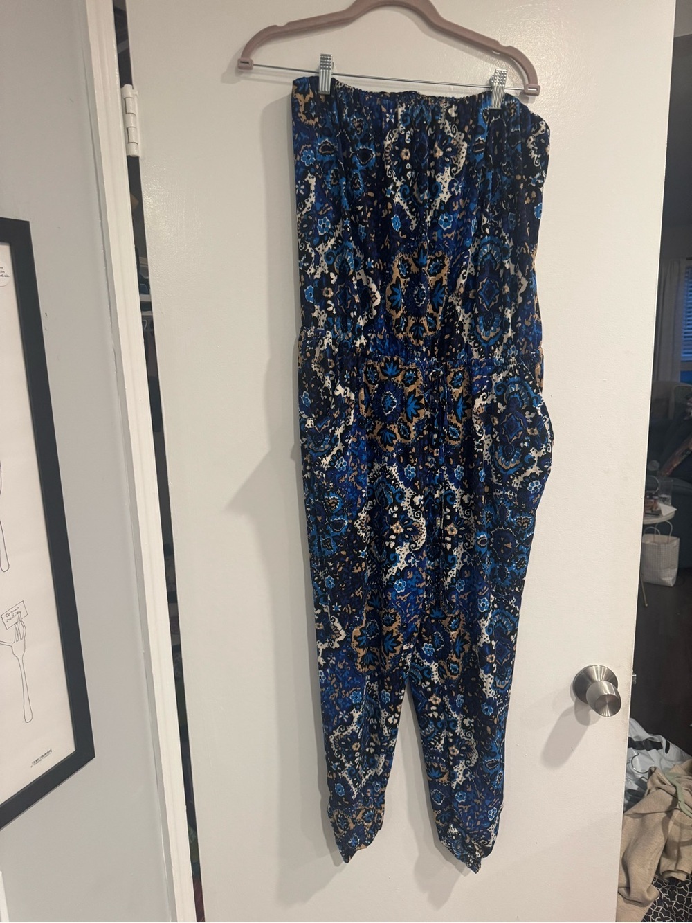 Veronica M Blue Paisley Strapless Jumpsuit with Elastic Waist